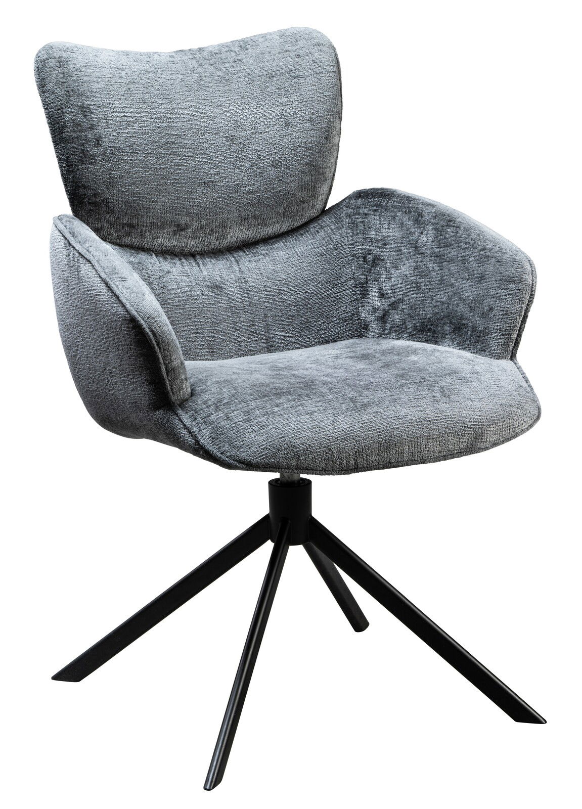 Grauer Armlehnstuhl mit weichem Stoffbezug und schwarzem Metallgestell, seitliche Perspektive