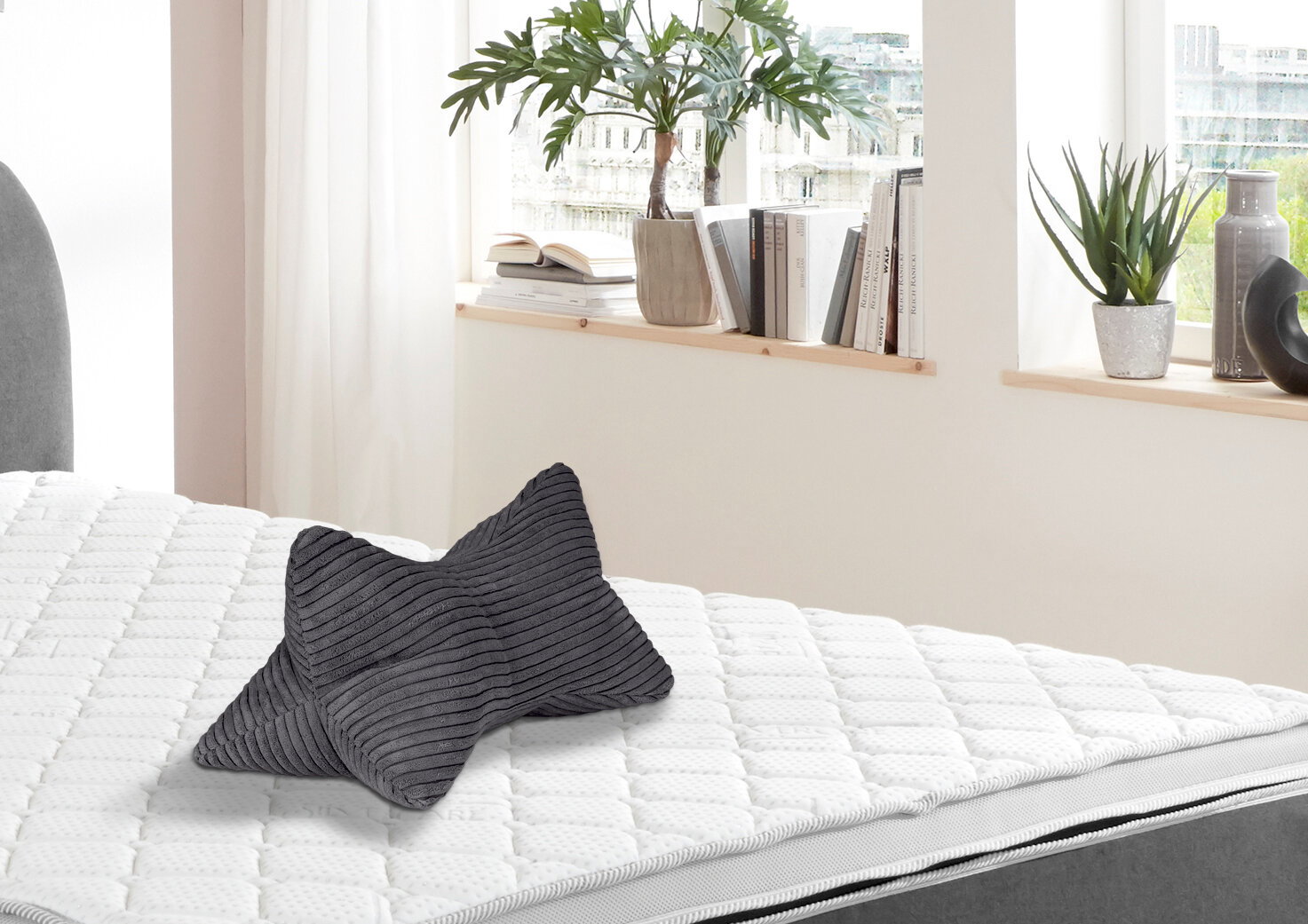 Grauer Leseknochen auf einem weißen Bett, seitliche Perspektive, mit Pflanzen und Büchern im Hintergrund.