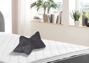 Grauer Leseknochen auf einem weißen Bett, seitliche Perspektive, mit Pflanzen und Büchern im Hintergrund.