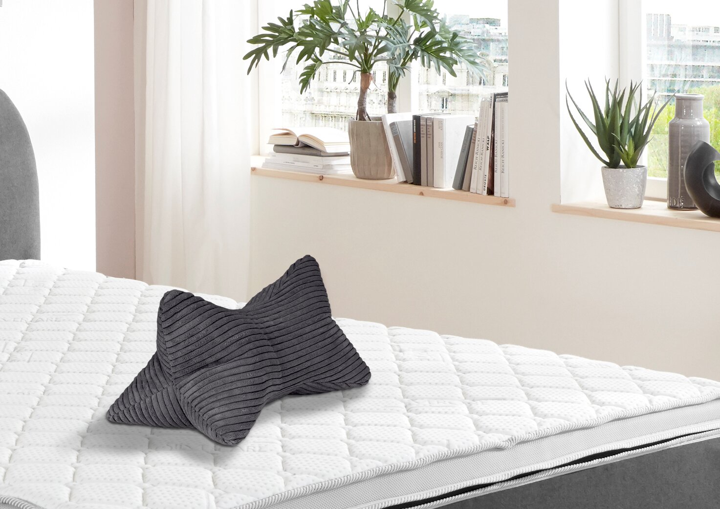 Grauer Leseknochen auf einem weißen Bett, seitliche Perspektive, mit Pflanzen und Büchern im Hintergrund.