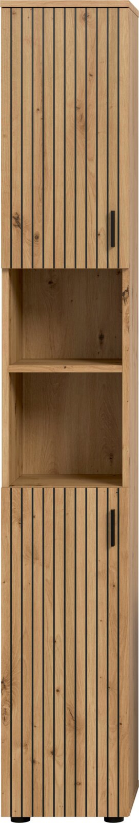 Hoher Holzschrank in Eichenoptik mit vertikaler Lamellenfront, zwei Türen mit schwarzen Griffen und offenem Mittelregal, freigestellt in Frontalansicht.