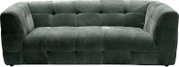 Dunkelgraues, gepolstertes 2-Sitzer-Sofa mit abgerundeten Armlehnen und quadratischer Steppung, Frontansicht auf weißem Hintergrund.