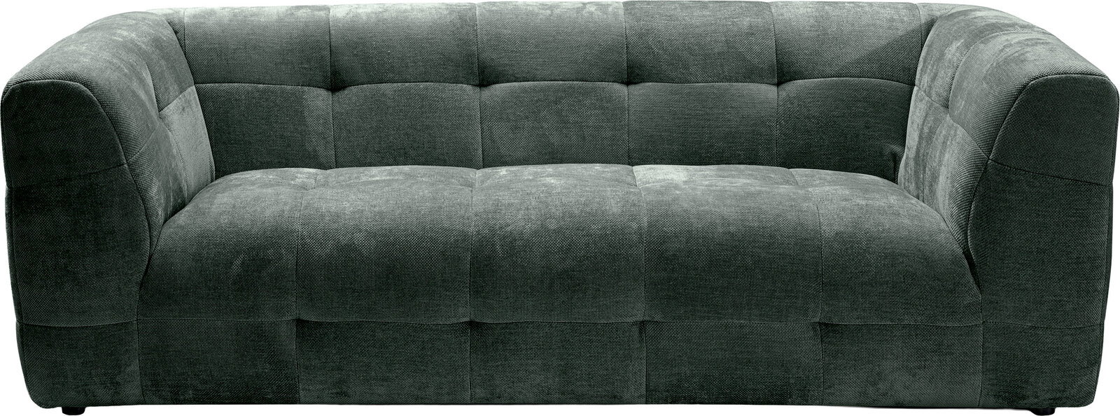 Dunkelgraues, gepolstertes 2-Sitzer-Sofa mit abgerundeten Armlehnen und quadratischer Steppung, Frontansicht auf weißem Hintergrund.
