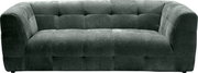 Dunkelgraues, gepolstertes 2-Sitzer-Sofa mit abgerundeten Armlehnen und quadratischer Steppung, Frontansicht auf weißem Hintergrund.
