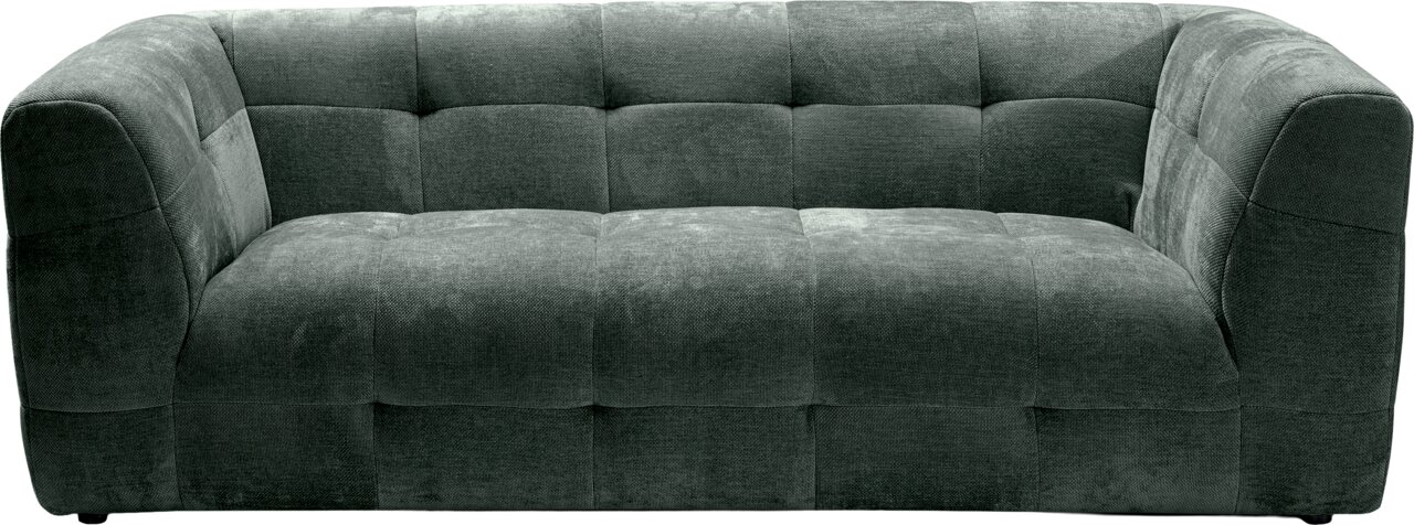 Dunkelgraues, gepolstertes 2-Sitzer-Sofa mit abgerundeten Armlehnen und quadratischer Steppung, Frontansicht auf weißem Hintergrund.