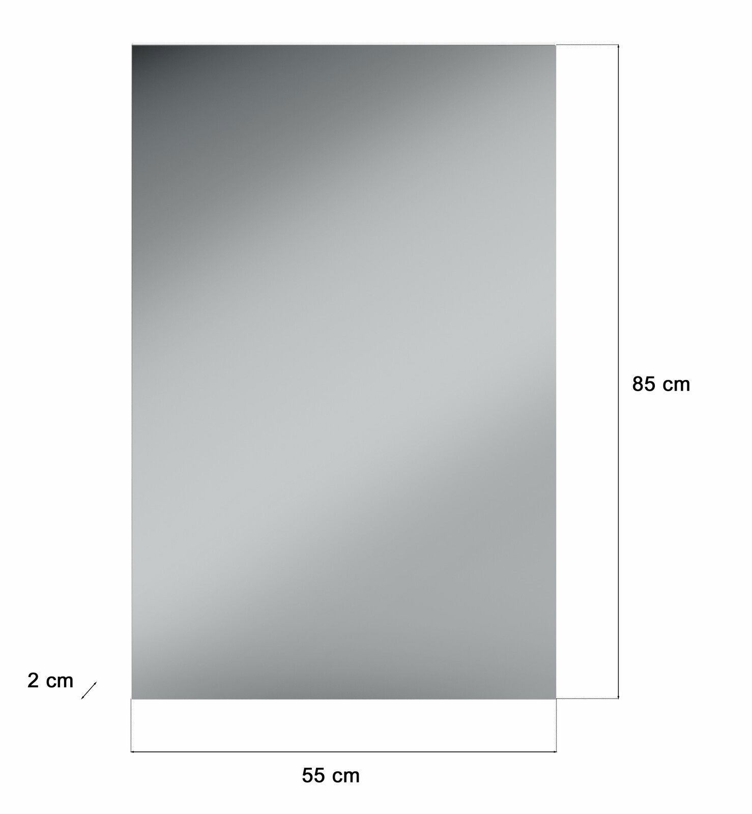 Rechteckiger Spiegel mit den Maßen 85 cm Höhe, 55 cm Breite und 2 cm Tiefe, frontal abgebildet.