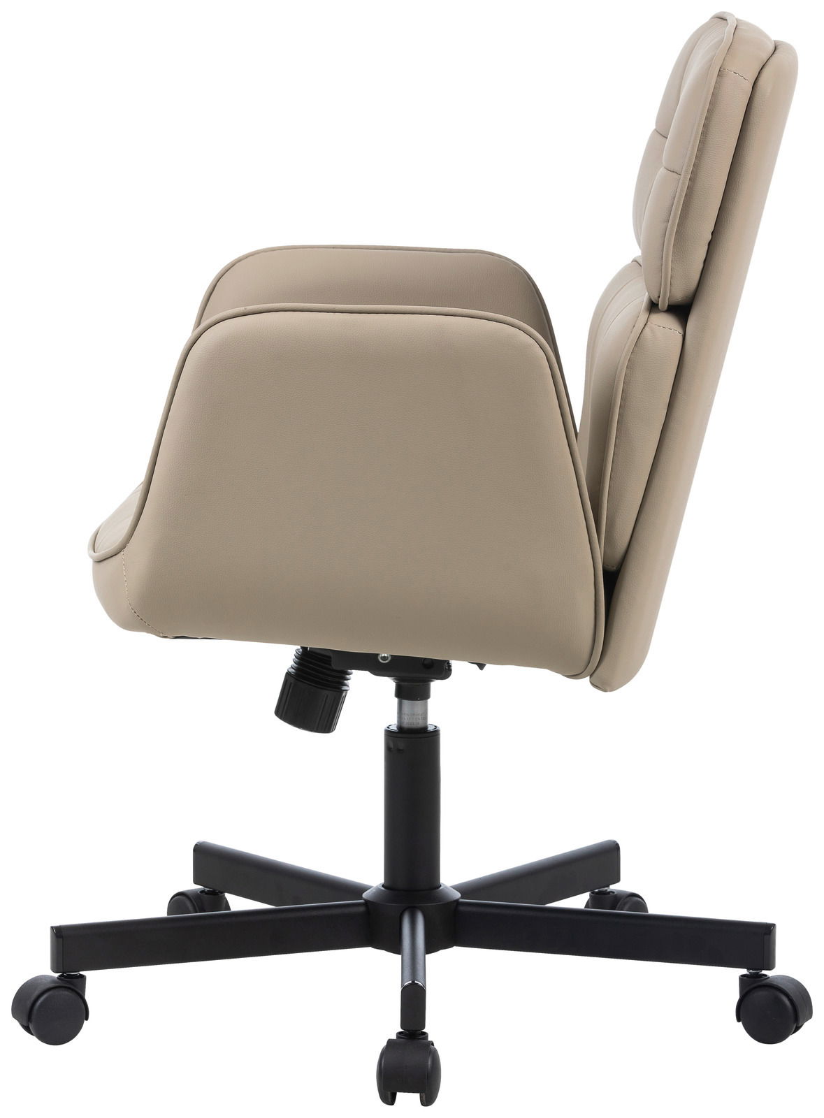 Seitenansicht eines beigen Drehstuhls mit schwarzem Fußkreuz und Rollen.