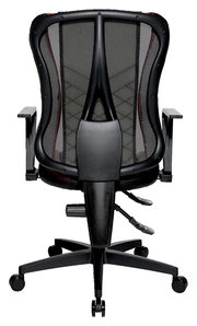 Rückansicht eines Racing Bürostuhls mit Netzrückenlehne und verstellbaren Armlehnen.