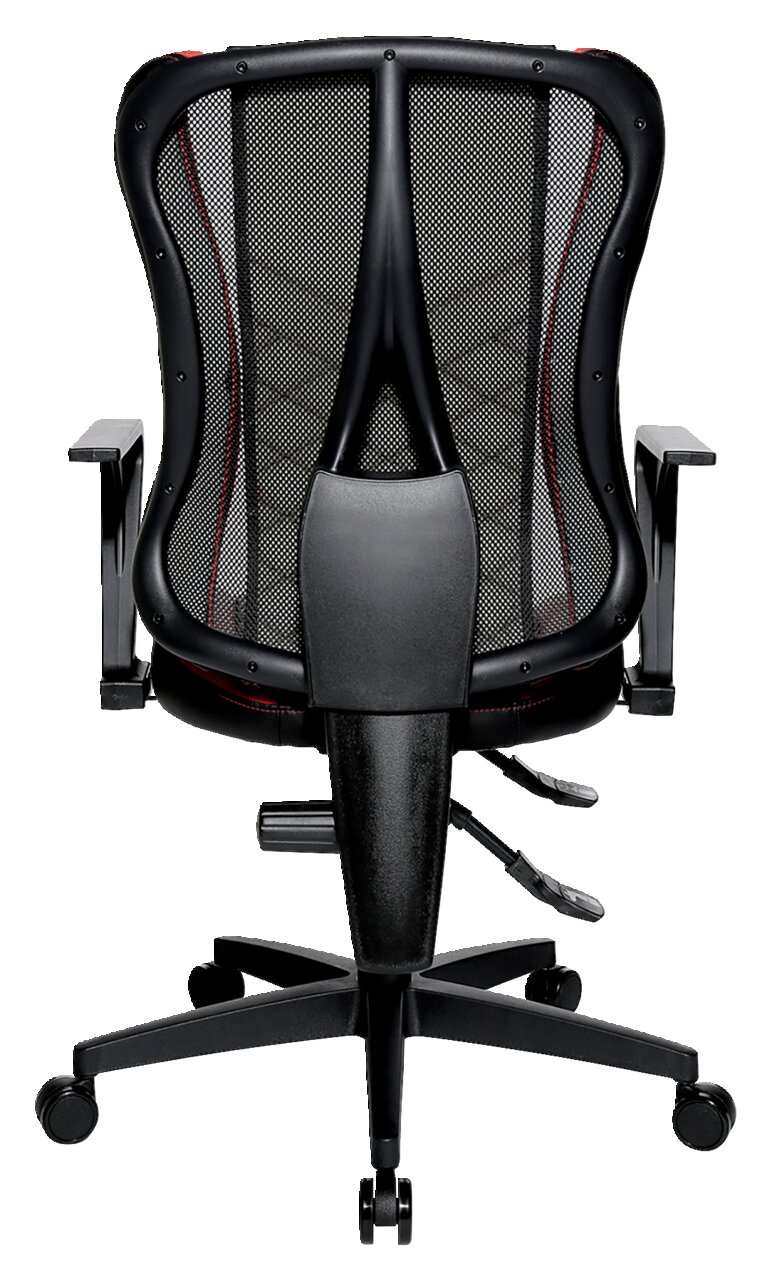 Rückansicht eines Racing Bürostuhls mit Netzrückenlehne und verstellbaren Armlehnen.