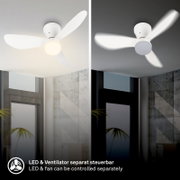 Weißer Deckenventilator mit integrierter LED-Leuchte in moderner Wohnumgebung, aus Untersicht von schräg unten gezeigt; LED und Ventilator separat steuerbar
