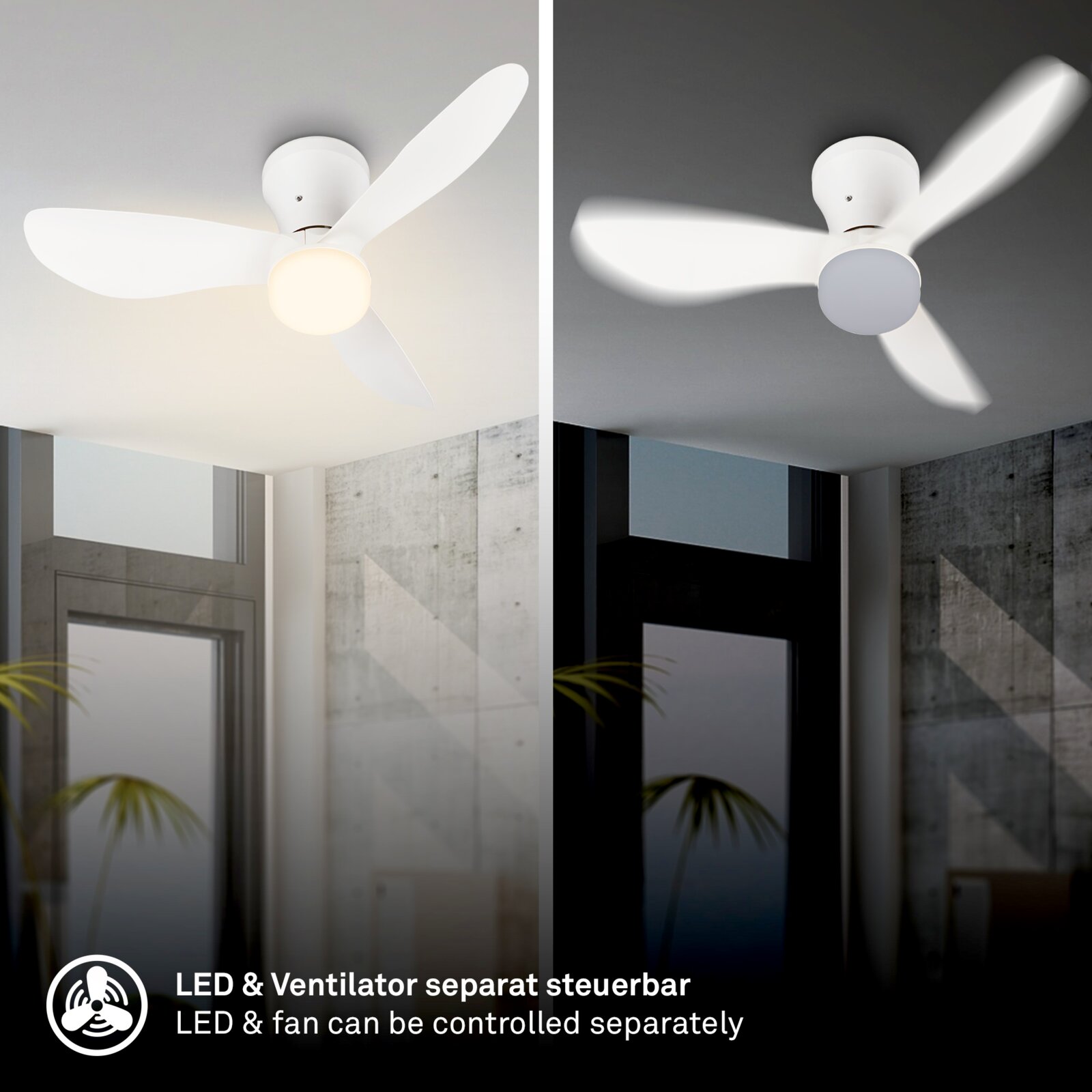 Weißer Deckenventilator mit integrierter LED-Leuchte in moderner Wohnumgebung, aus Untersicht von schräg unten gezeigt; LED und Ventilator separat steuerbar