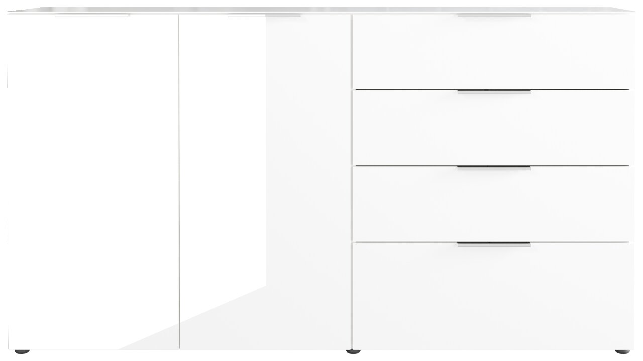 Frontansicht eines weißen XL-Sideboards mit zwei Türen und vier Schubladen.