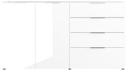 Frontansicht eines weißen XL-Sideboards mit zwei Türen und vier Schubladen.