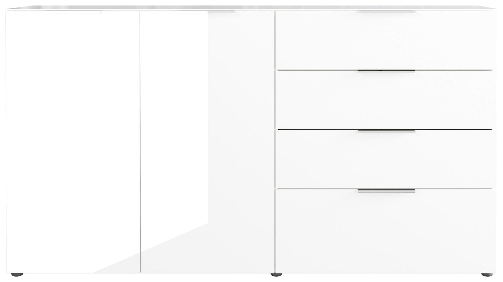 Frontansicht eines weißen XL-Sideboards mit zwei Türen und vier Schubladen.