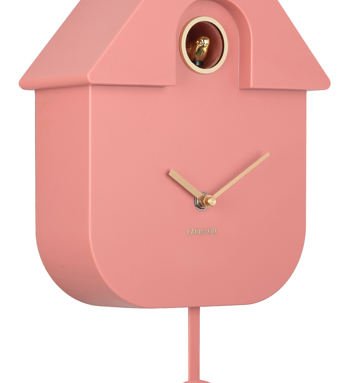 Rosa Wanduhr in Kuckucksuhren-Design mit goldenen Zeigern und einem kleinen goldenen Vogel, seitliche Perspektive