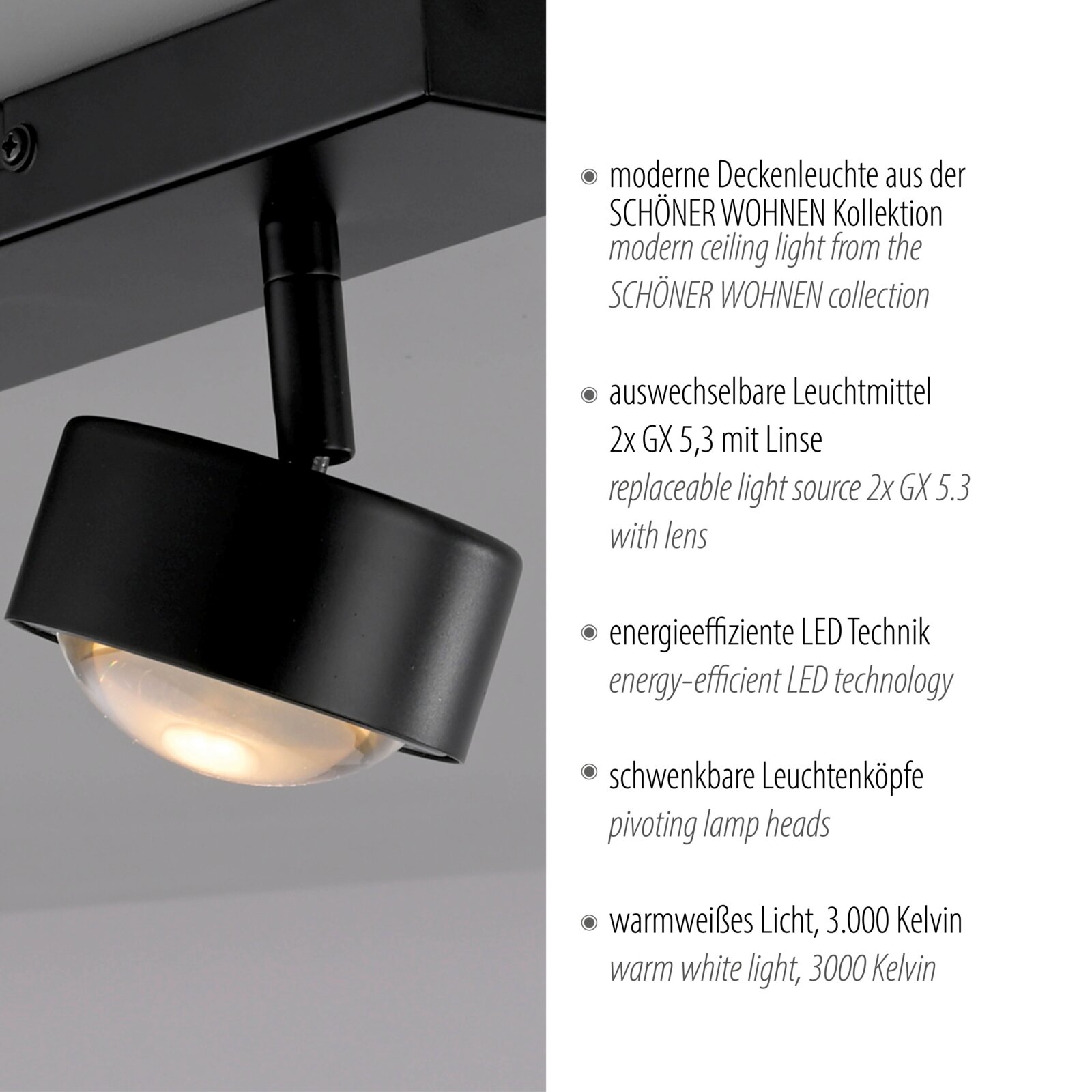Moderne schwarze Deckenleuchte aus der SCHÖNER WOHNEN Kollektion mit schwenkbarem Spot und warmweißem LED-Licht (3000 K), Detailaufnahme in leicht seitlicher Untersicht.