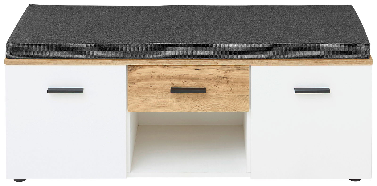 Garderobenbank mit weißem Korpus, Holzschublade und grauem Sitzpolster, Frontalansicht