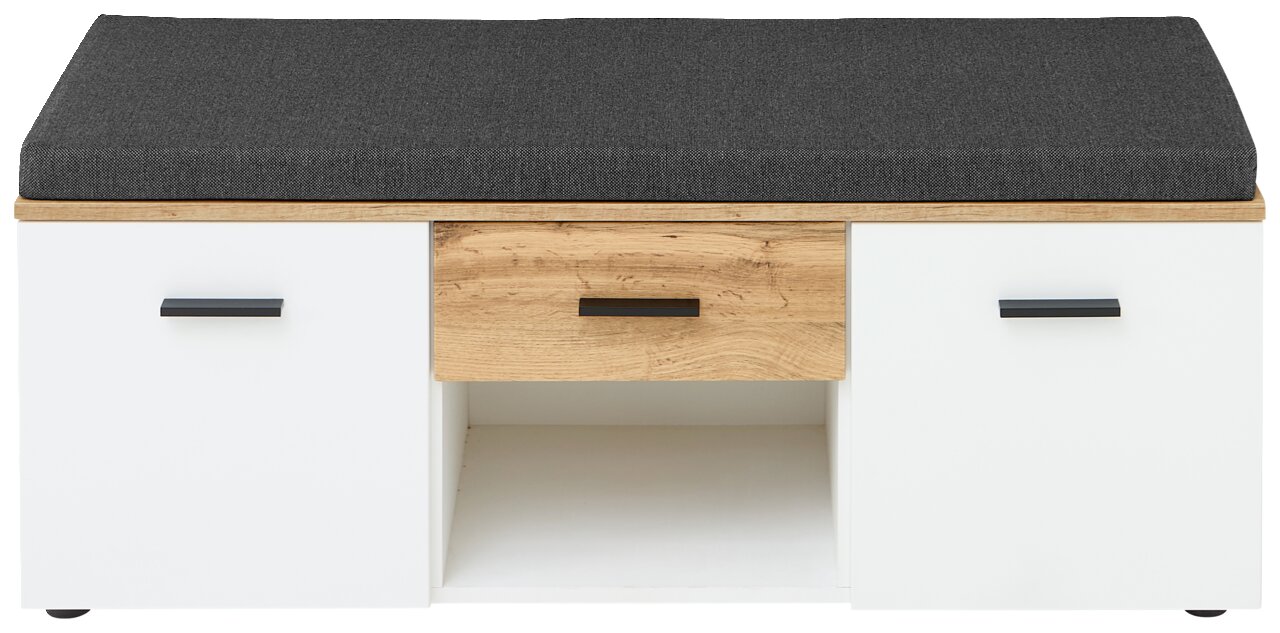 Garderobenbank mit weißem Korpus, Holzschublade und grauem Sitzpolster, Frontalansicht