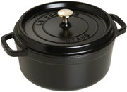 Zwarte ronde braadpan (cocotte) van 24 cm met deksel en goudkleurige knop, zijaanzicht