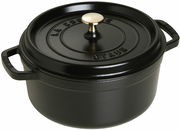 Schwarzer runder Bräter Cocotte 24cm mit Deckel und goldfarbenem Knauf, seitliche Perspektive
