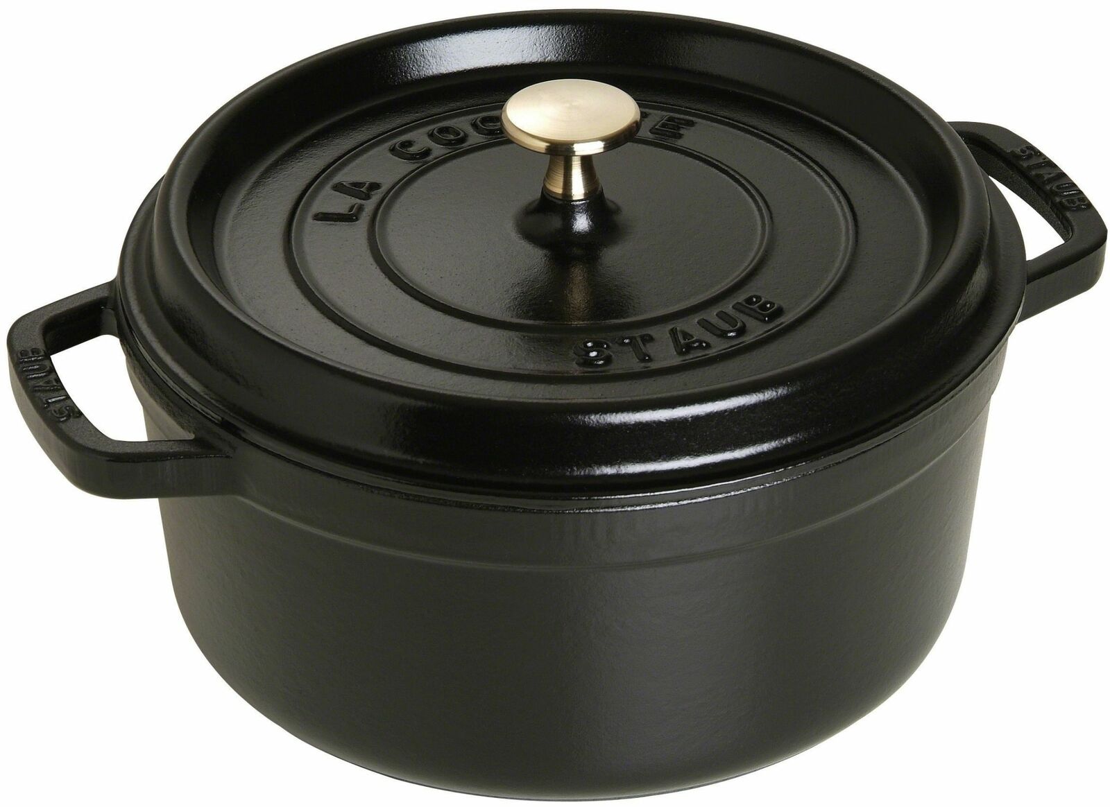 Schwarzer runder Bräter Cocotte 24cm mit Deckel und goldfarbenem Knauf, seitliche Perspektive