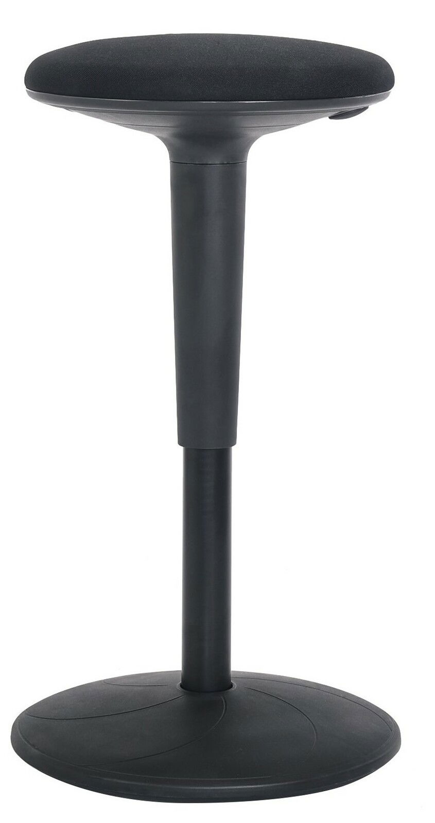 Moderner schwarzer Sitzhocker mit runder Sitzfläche und stabiler Basis, seitliche Perspektive
