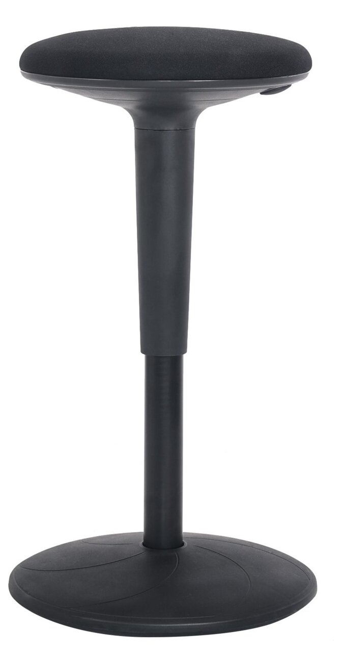 Moderner schwarzer Sitzhocker mit runder Sitzfläche und stabiler Basis, seitliche Perspektive