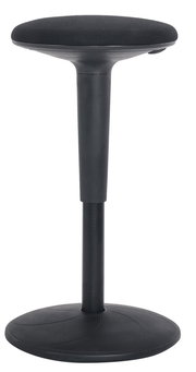 Moderner schwarzer Sitzhocker mit runder Sitzfläche und stabiler Basis, seitliche Perspektive