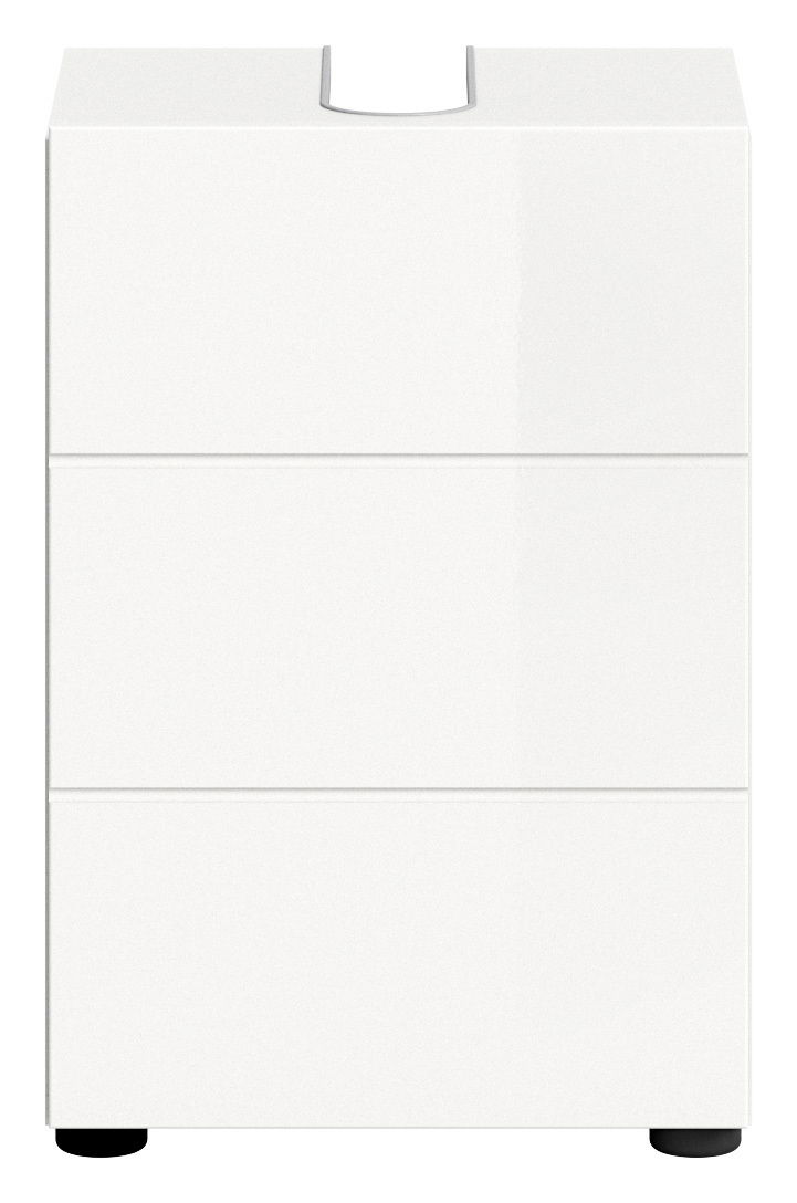 Weißer Waschbeckenunterschrank mit drei Schubladen, frontale Ansicht