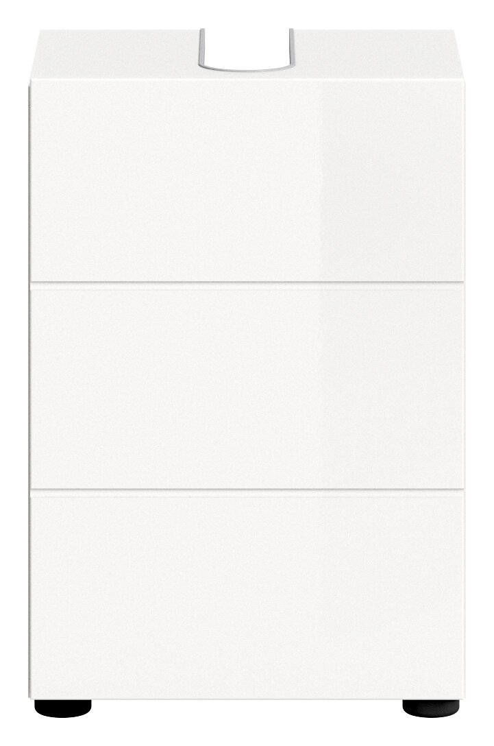 Weißer Waschbeckenunterschrank mit drei Schubladen, frontale Ansicht