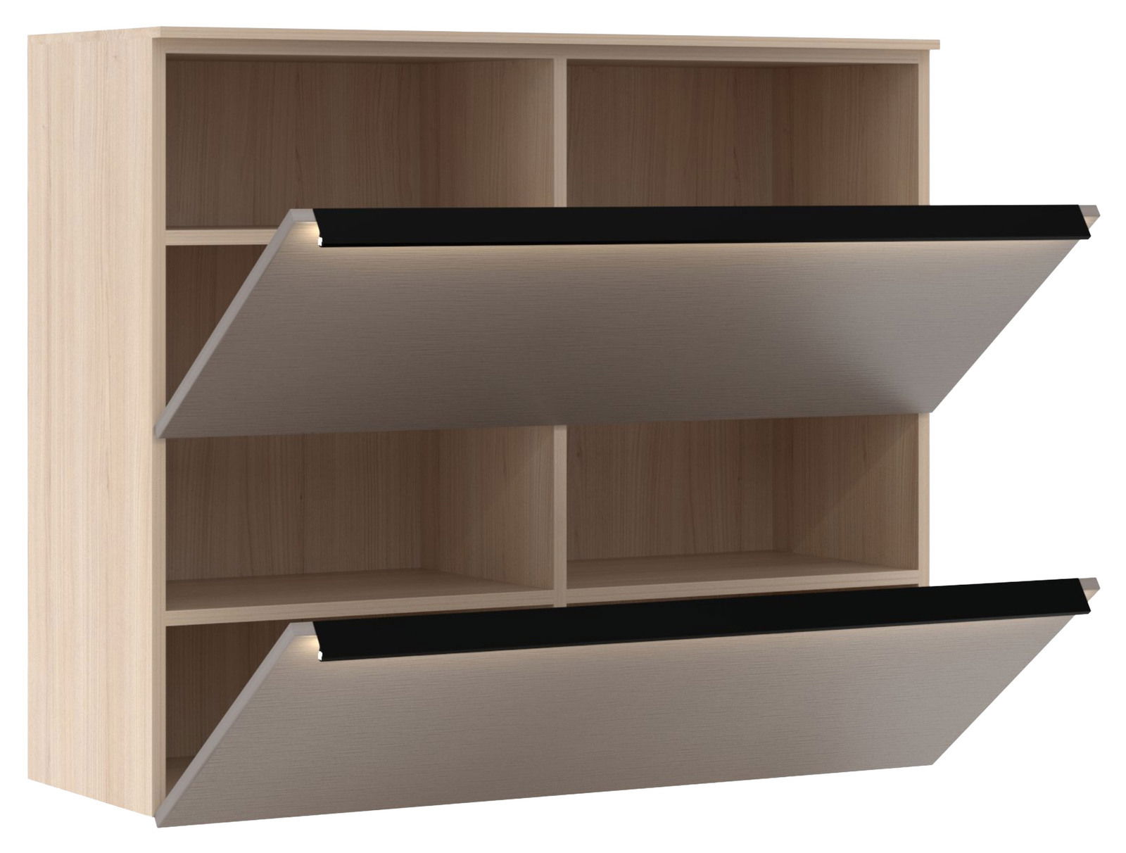 Hängeschuhschrank aus Holz mit zwei offenen Klappen, seitliche Perspektive