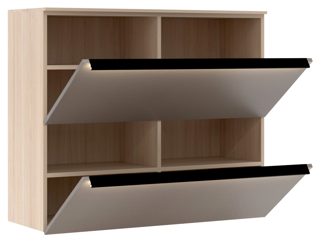 Hängeschuhschrank aus Holz mit zwei offenen Klappen, seitliche Perspektive