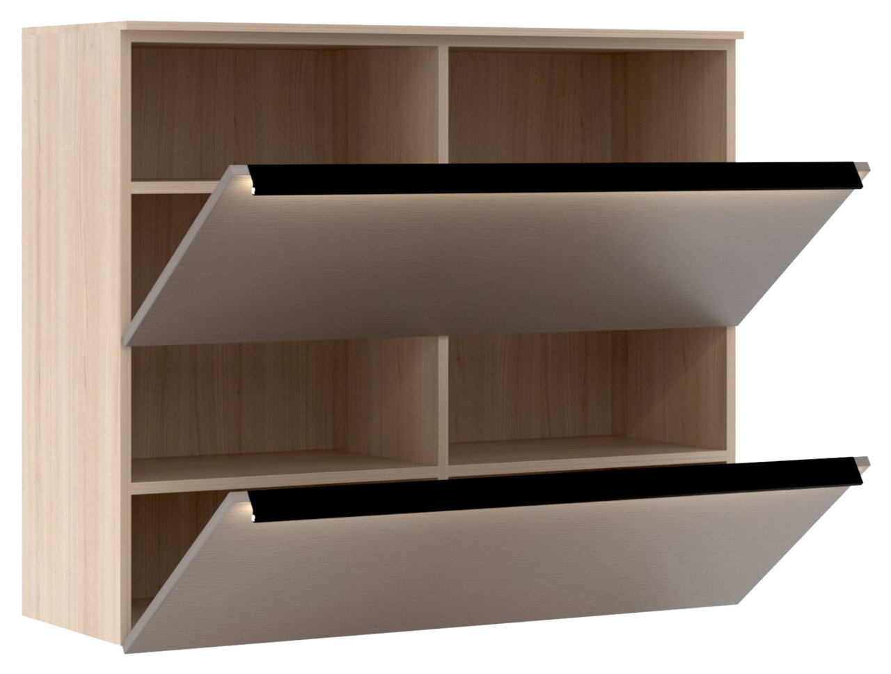 Hängeschuhschrank aus Holz mit zwei offenen Klappen, seitliche Perspektive