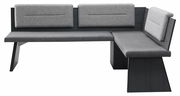 Eckbankgruppe in L-Form mit grauem Stoffbezug und dunklem Holzgestell, seitliche Perspektive