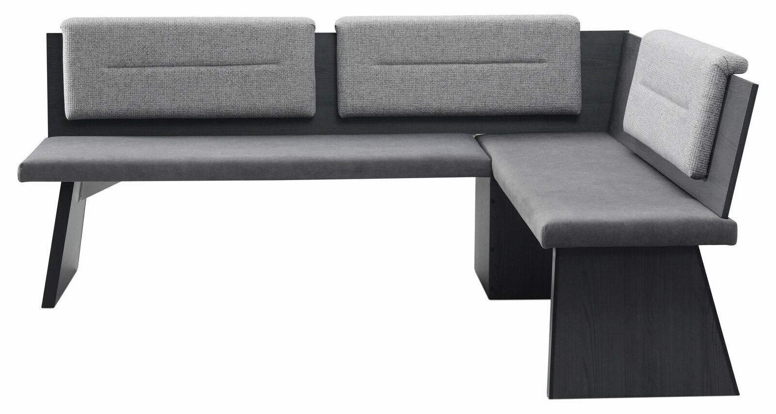 Eckbankgruppe in L-Form mit grauem Stoffbezug und dunklem Holzgestell, seitliche Perspektive