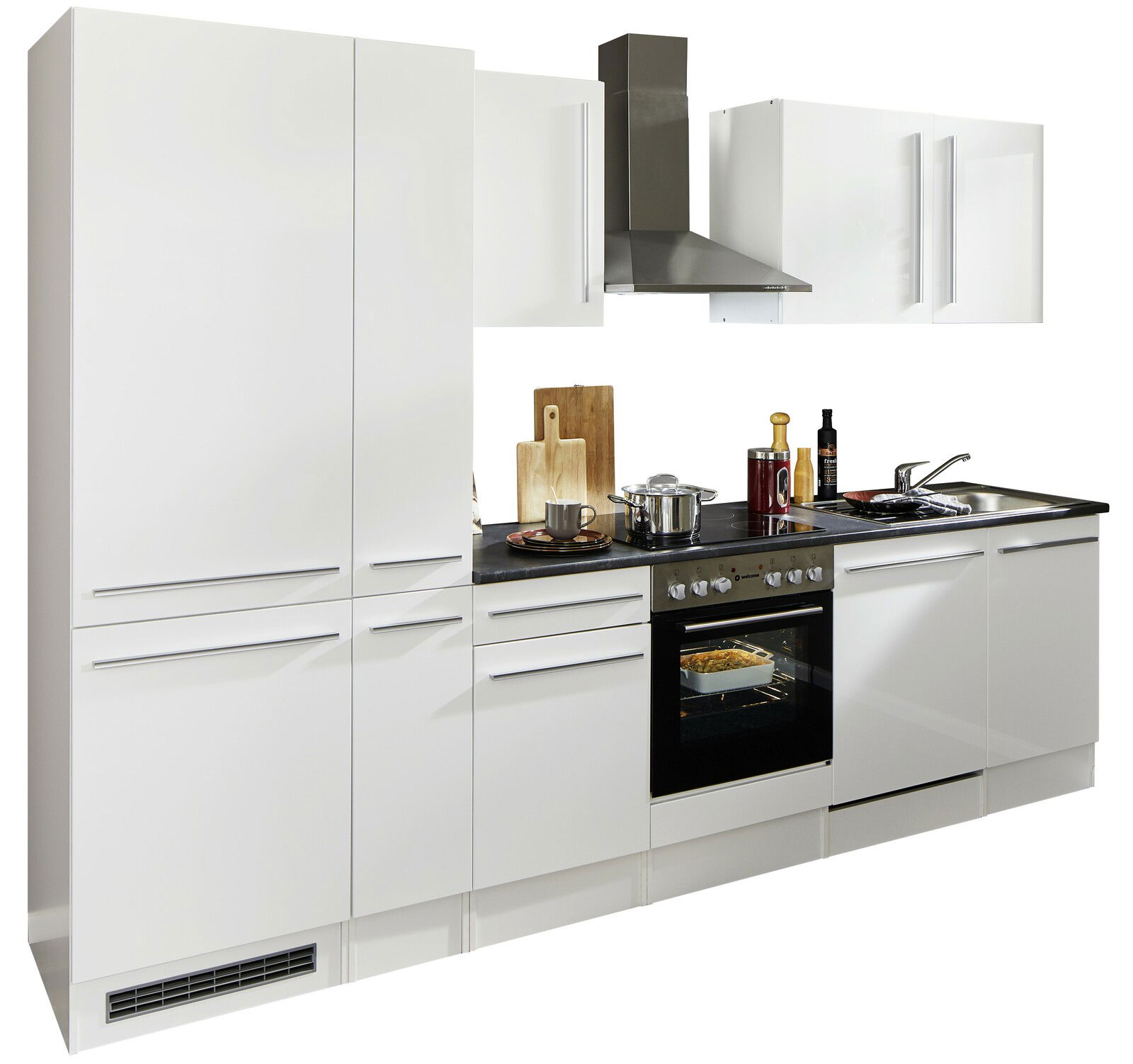 Yourkitchen Küchenblock 310 JAZZ Moderner Küchenblock in Weiß mit integriertem Herd, Dunstabzugshaube und Spüle, seitliche Perspektive