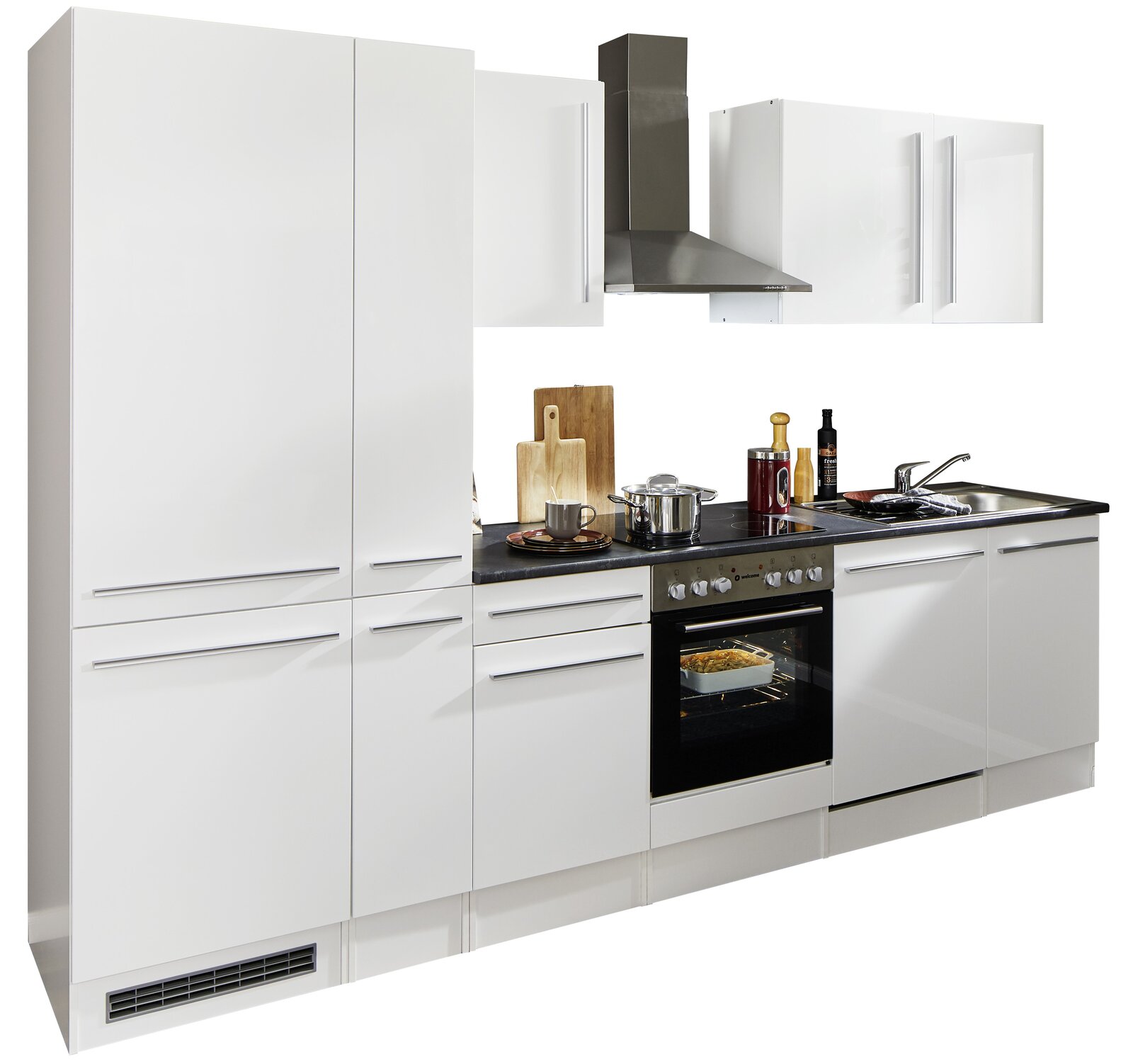 Yourkitchen Küchenblock 310 JAZZ Moderner Küchenblock in Weiß mit integriertem Herd, Dunstabzugshaube und Spüle, seitliche Perspektive