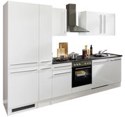 Moderner Küchenblock in Weiß mit integriertem Herd, Dunstabzugshaube und Spüle, seitliche Perspektive