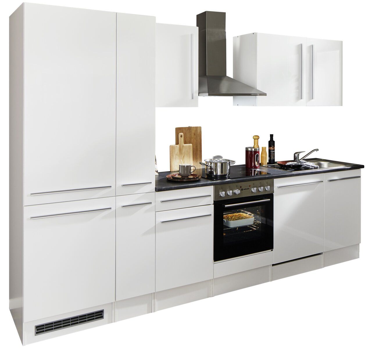 Yourkitchen Küchenblock 310 JAZZ Moderner Küchenblock in Weiß mit integriertem Herd, Dunstabzugshaube und Spüle, seitliche Perspektive