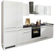 Moderner Küchenblock in Weiß mit integriertem Herd, Dunstabzugshaube und Spüle, seitliche Perspektive