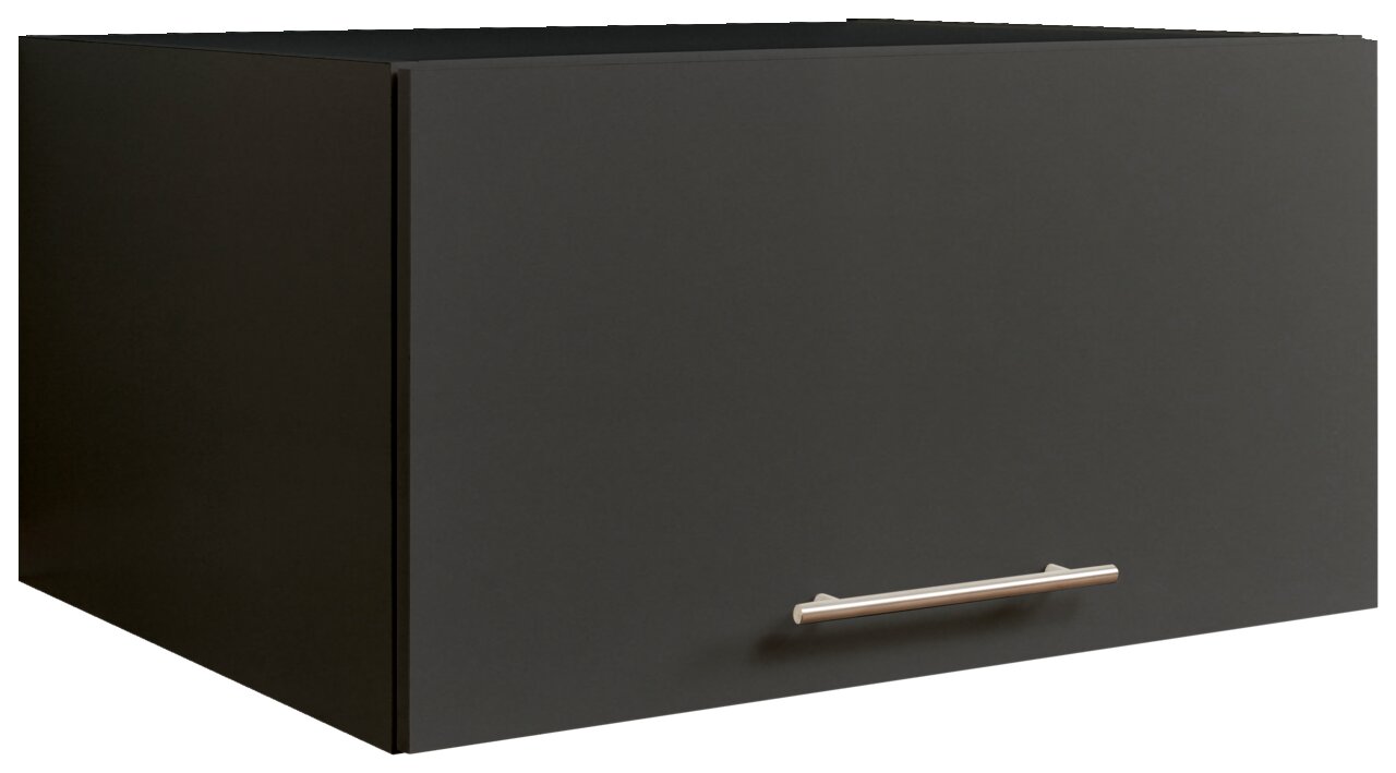 Schwarzer Aufsatzschrank mit Metallgriff, perspektivisch von vorne links gesehen.