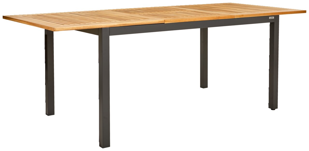 Moderner Ausziehtisch mit Holzplatte und Metallbeinen, seitliche Perspektive