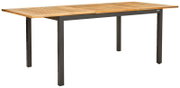 Moderne uitschuiftafel met houten blad en metalen poten, zijaanzicht