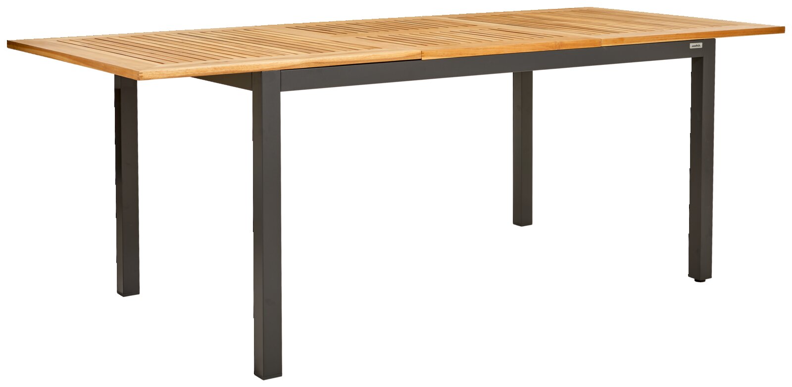 Moderne uitschuiftafel met houten blad en metalen poten, zijaanzicht