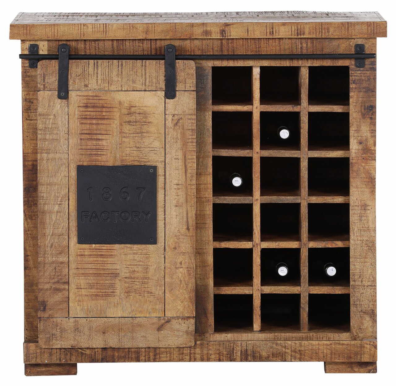 Rustikaler Barschrank aus Holz mit Schiebetür und Weinregal, Frontalansicht