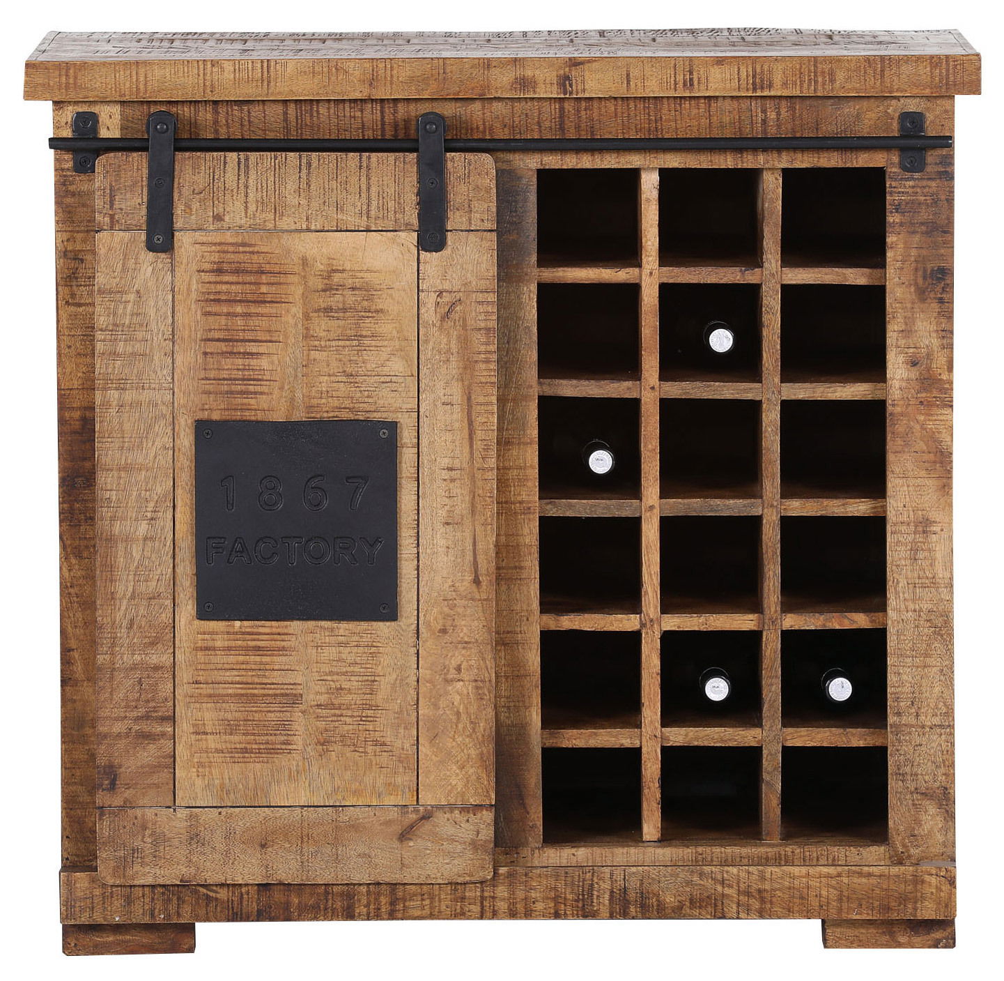 Rustikaler Barschrank aus Holz mit Schiebetür und Weinregal, Frontalansicht