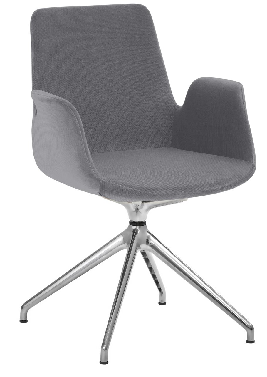 Grauer Besucher-Drehsessel mit Metallgestell, seitliche Perspektive