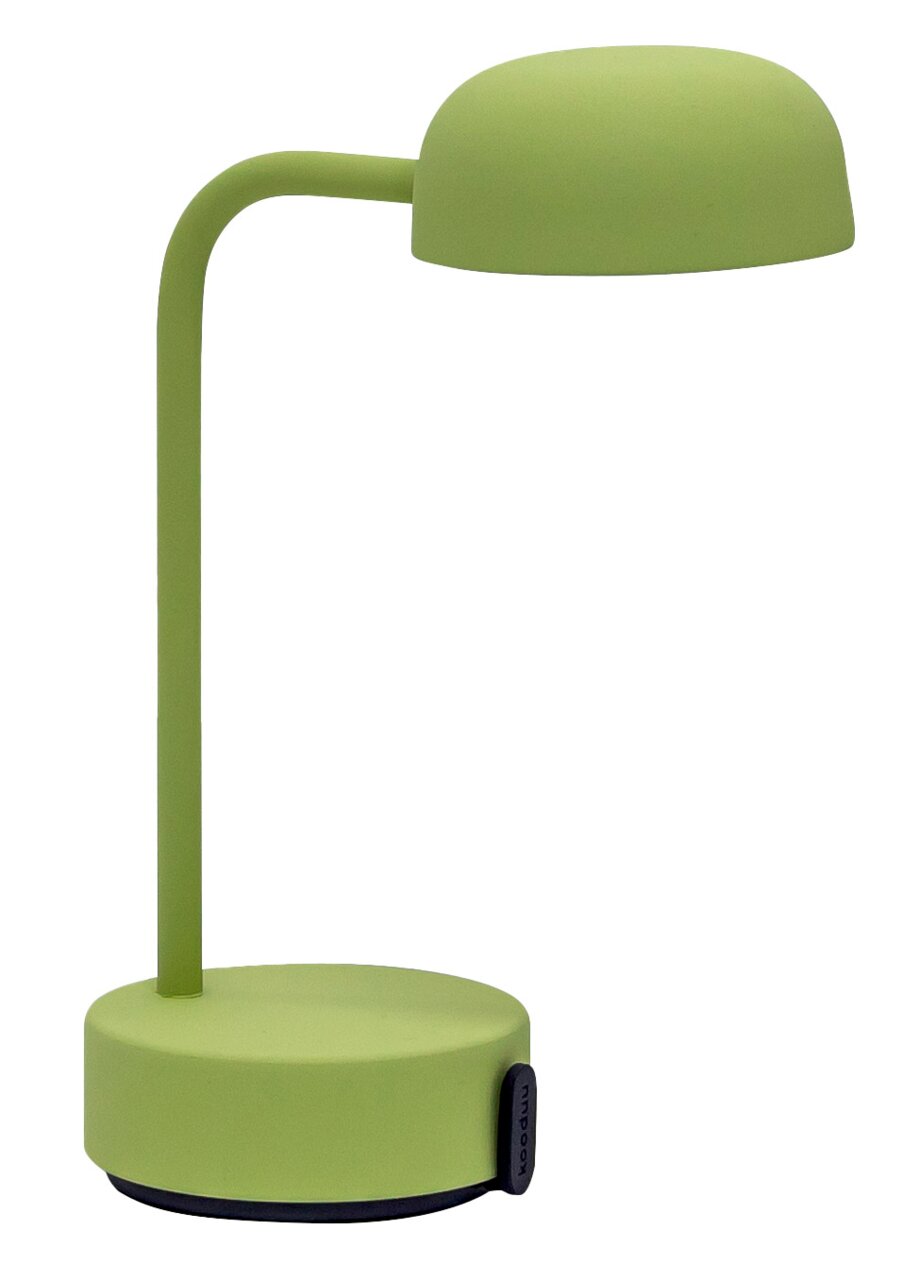 Groene tafellamp met ronde voet en gebogen arm, zijaanzicht