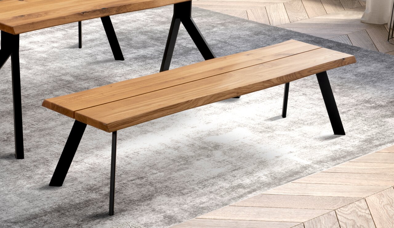 Moderano Sitzbank VIGO Holz-Sitzbank mit schwarzem Metallgestell, seitliche Perspektive