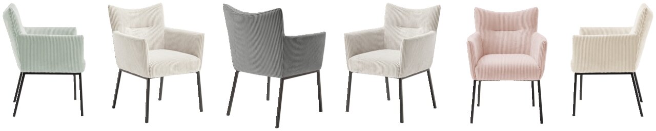 Verschillende fauteuils in pastelkleuren, gezien vanaf de zijkant en van achteren, met moderne metalen poten.